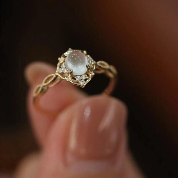 ⭐Women Ring Gold Moonstone Diamond Twist Stacking Handmade Grinding Gem Ring